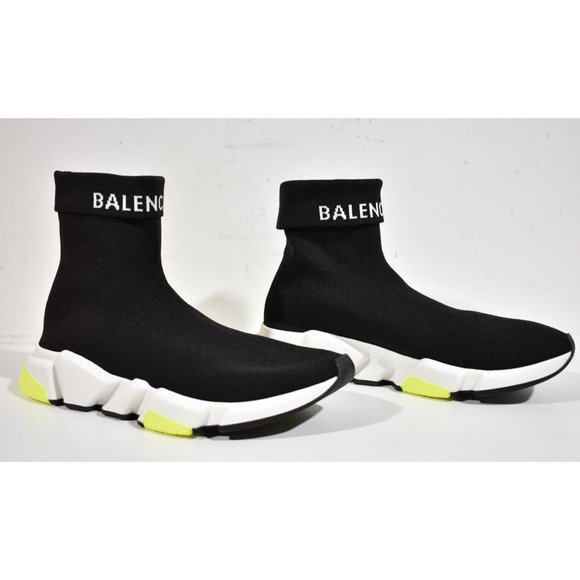 Balenciaga Mens Sock Speed Black White Yellow Logo Cuffed High Top Sneaker 43 10 - Picture 4 of 11